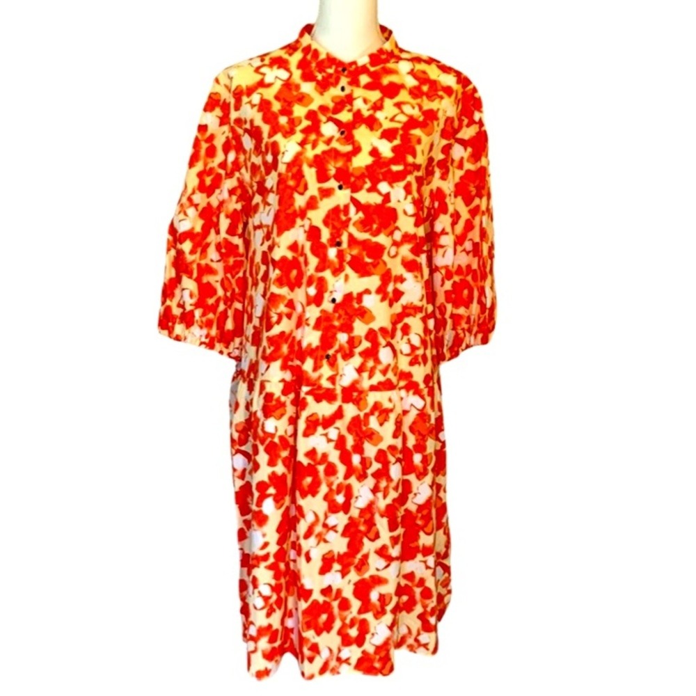 NWT Marc Cain Cotton Poplin Floral Dress Red Cream 46 (US 16), European, luxury